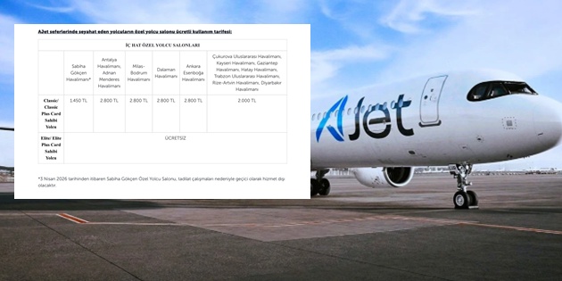 Ajet’ten İç Hat Lounge Ücretli Kullanımına Zam